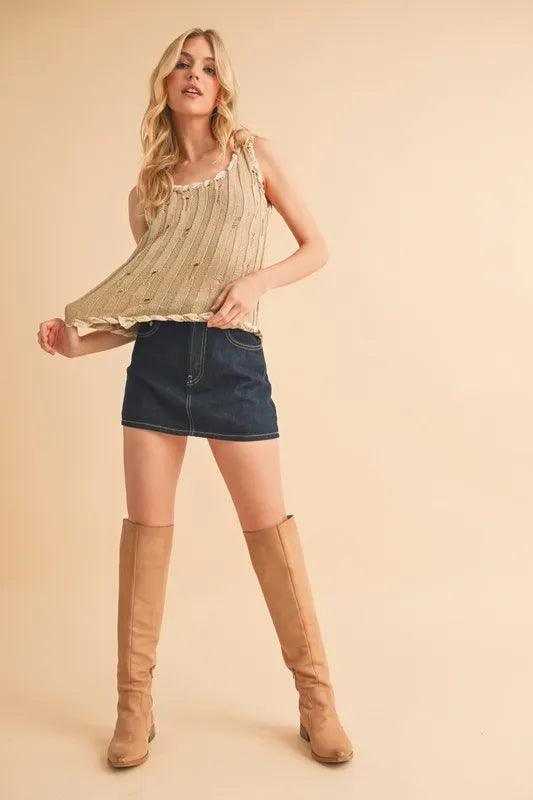 Aemi+Co Distressed Detail Round Neck Knit Tank