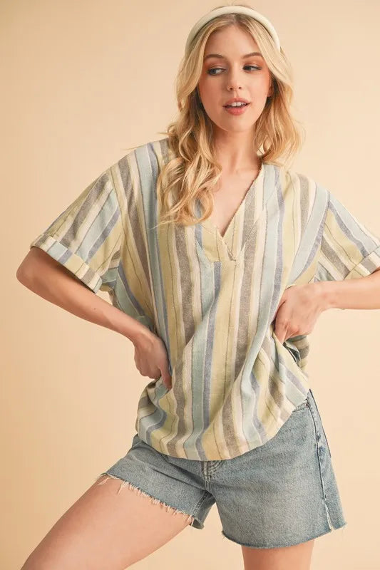 Aemi+Co Side Slit Striped Short Sleeve Blouse