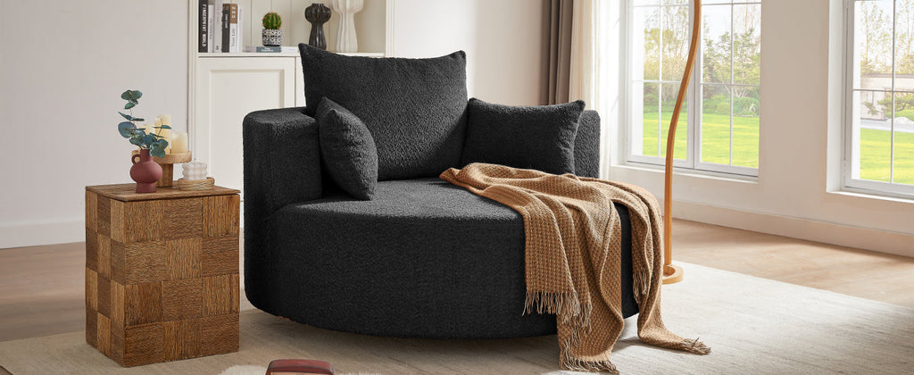 360° Swivel Accent Barrel Chair with Removable Pillows, Black Chenille, 56.3x56.3x36.5 inches