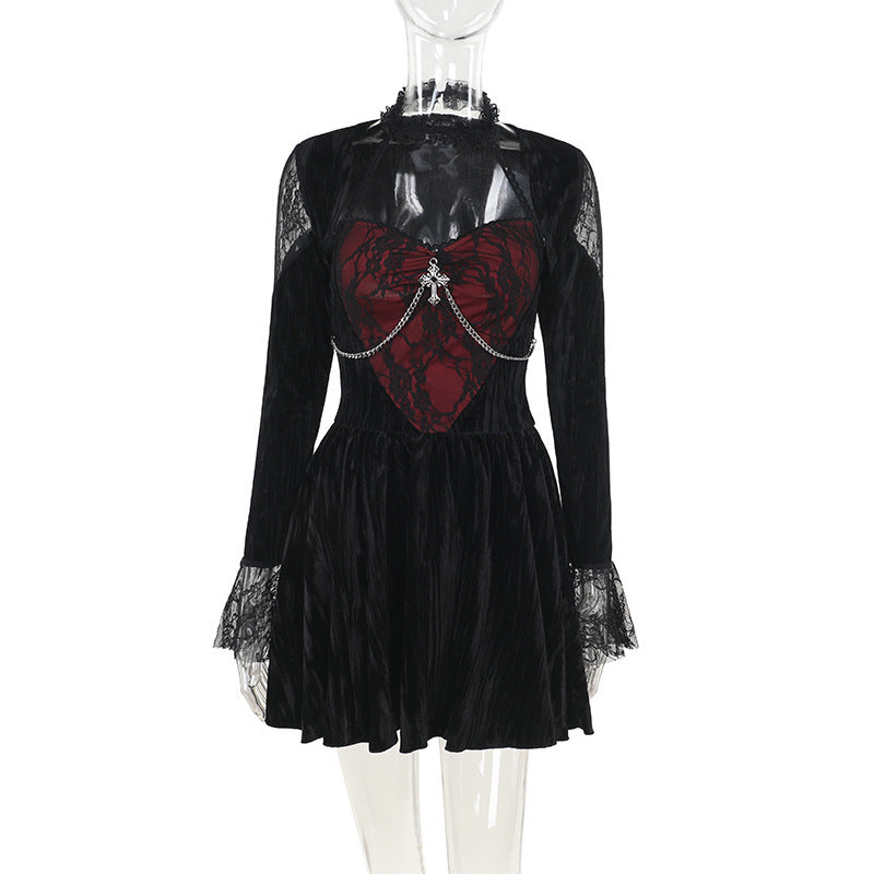 Autumn New Elegant Sexy Red Lace Stitching Velvet Dress Women