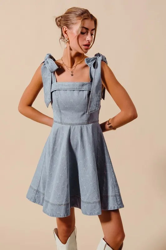 A Line Fit and Flare Diamond Bow Ribbon Denim Dres