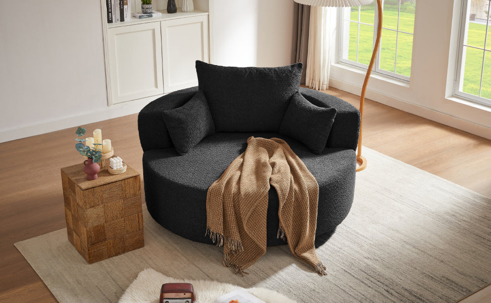 360° Swivel Accent Barrel Chair with Removable Pillows, Black Chenille, 56.3x56.3x36.5 inches