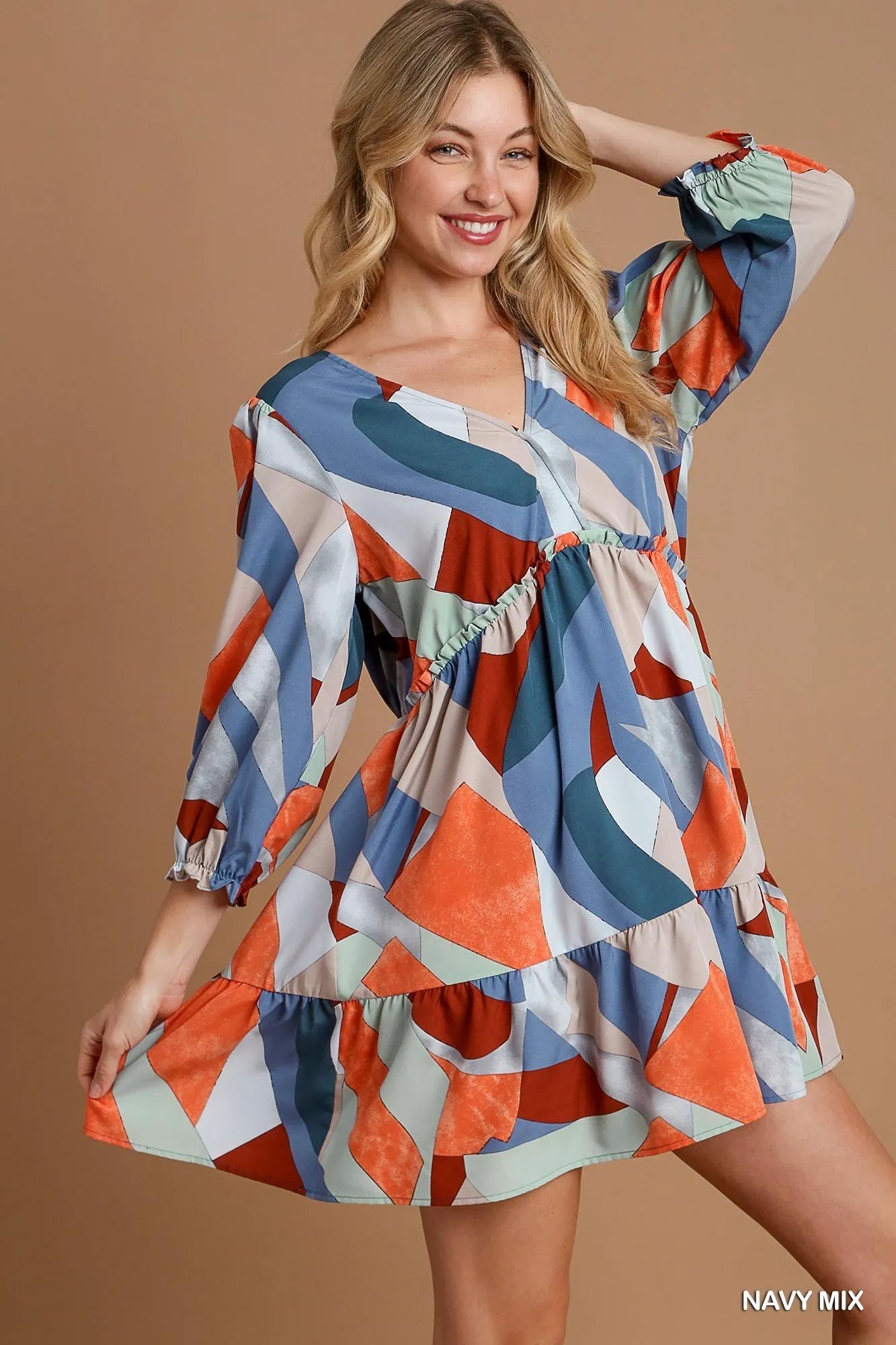 Abstract V-Neck Tiered Printed Dress