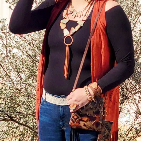 Aqua Terra Slab Necklace with Copper Hoop and Frin