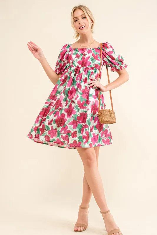 And The Why Smocked Floral Ruffle Short Sleeve Mini Dress