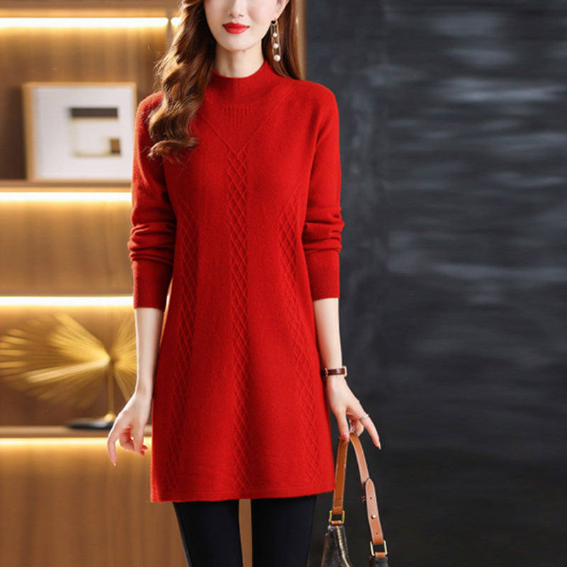 Belly-covering And Youthful-looking High Neck Thickened Woolen Dress