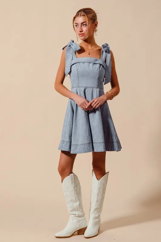 A Line Fit and Flare Diamond Bow Ribbon Denim Dres