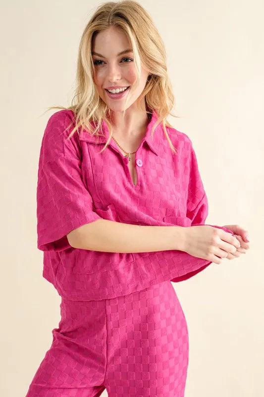 And The Why Brushed Texture Checker Board Pattern Casual Top