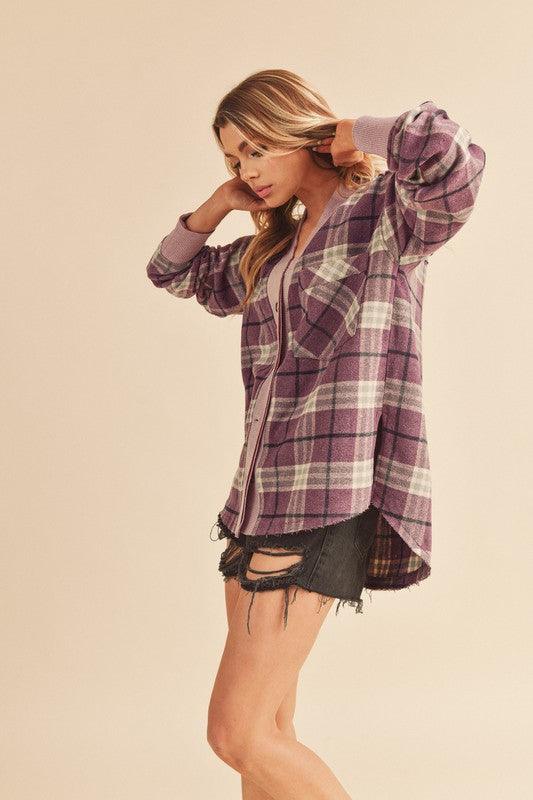 Aemi + Co Side Slit Patch Pocket Plaid Button Down Jacket