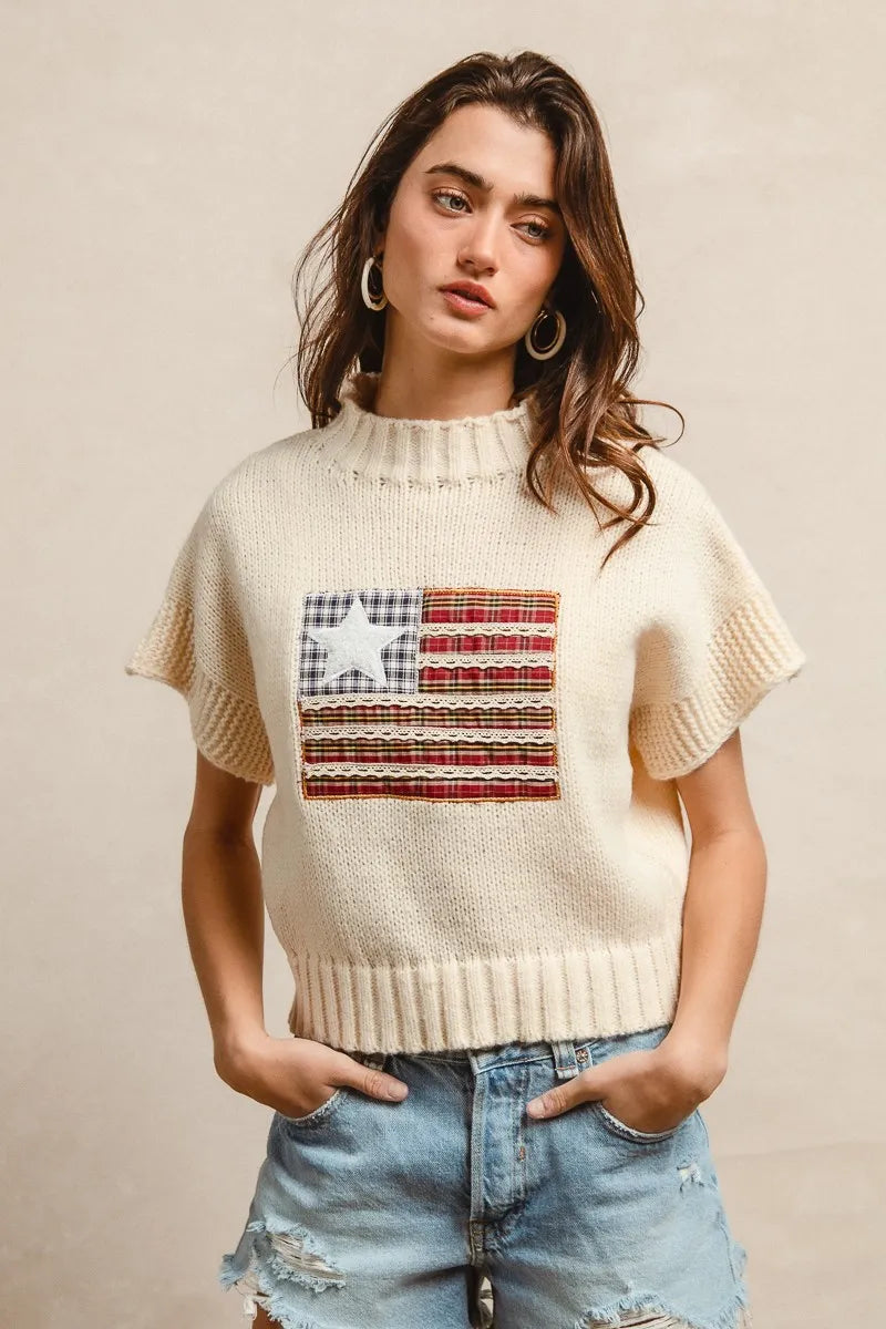 American Flag Patchwork Drop Shoulder Sweater