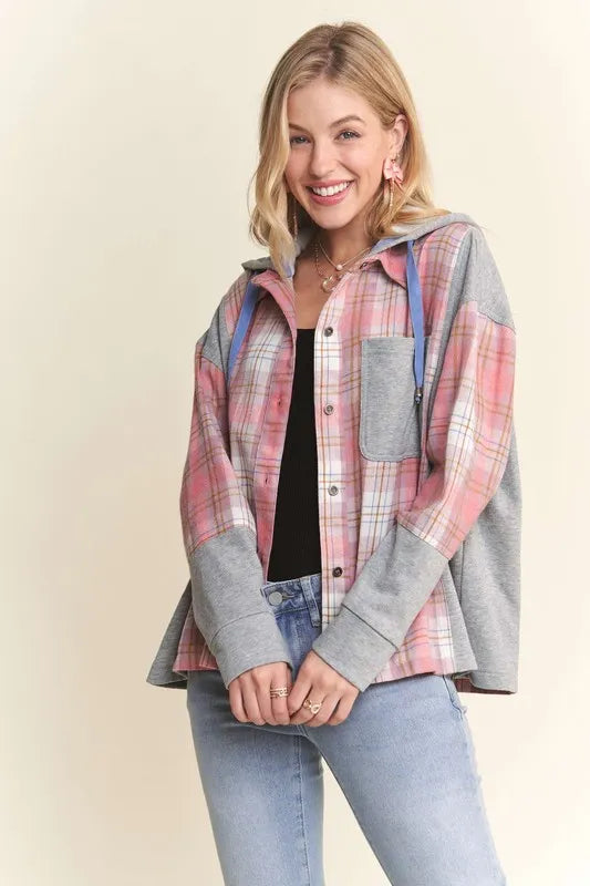 ADORA Button Down Plaid Hoodie Shacket