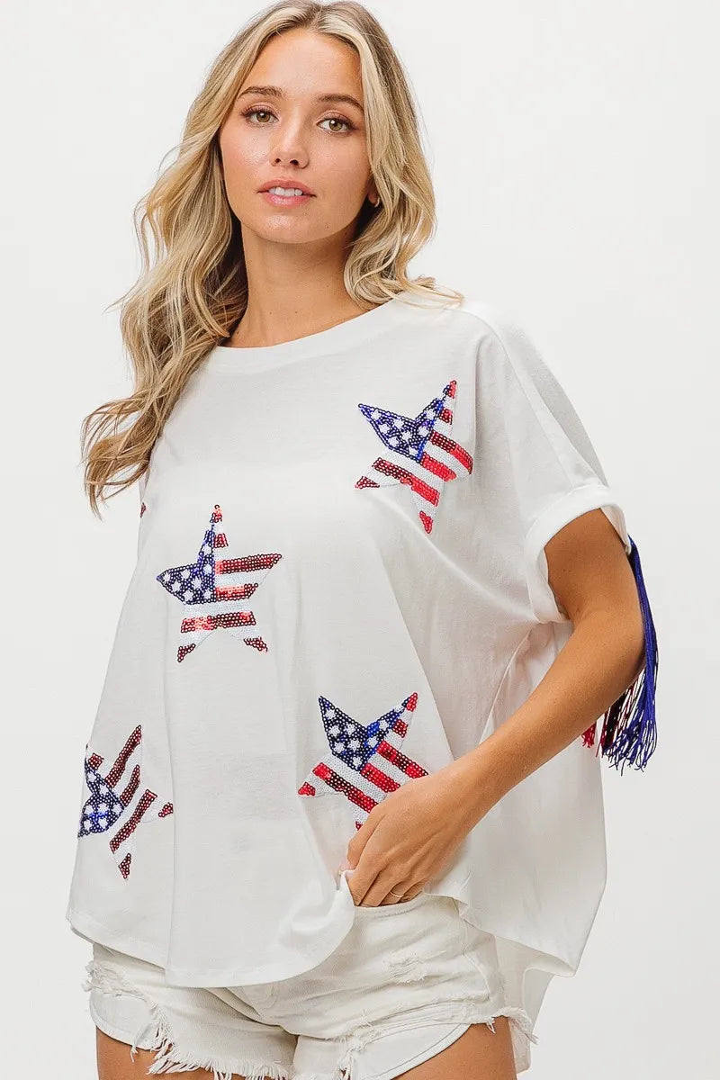 American Flag Sequin Star Fringe Top