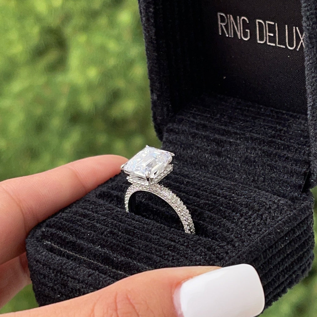 3.0ct Emerald Cut Moissanite Diamond Pavè Three Row Band Engagement Ring