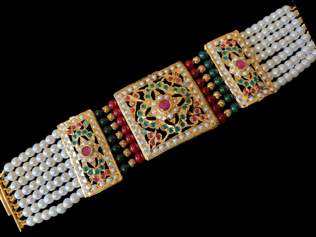 B67 Saira jadau bracelet in navratan with ruby green beads     ( READY TO SHIP )