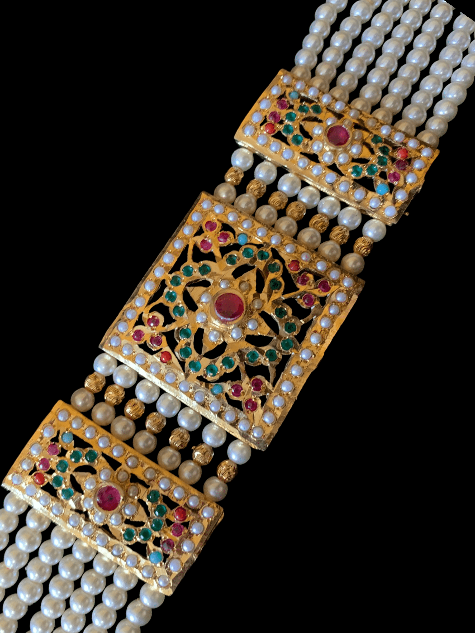B66 Saira jadau bracelet in navratan with pearls    ( READY TO SHIP )