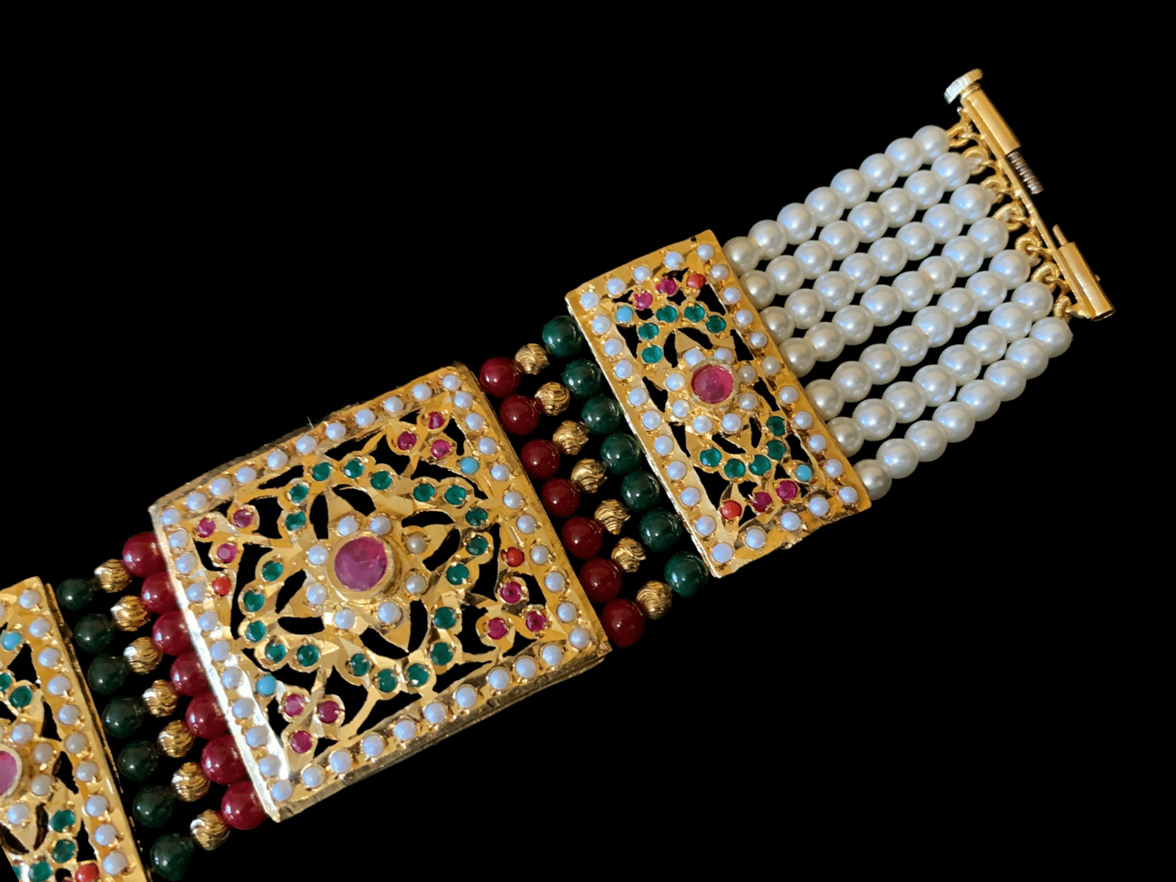 B67 Saira jadau bracelet in navratan with ruby green beads     ( READY TO SHIP )
