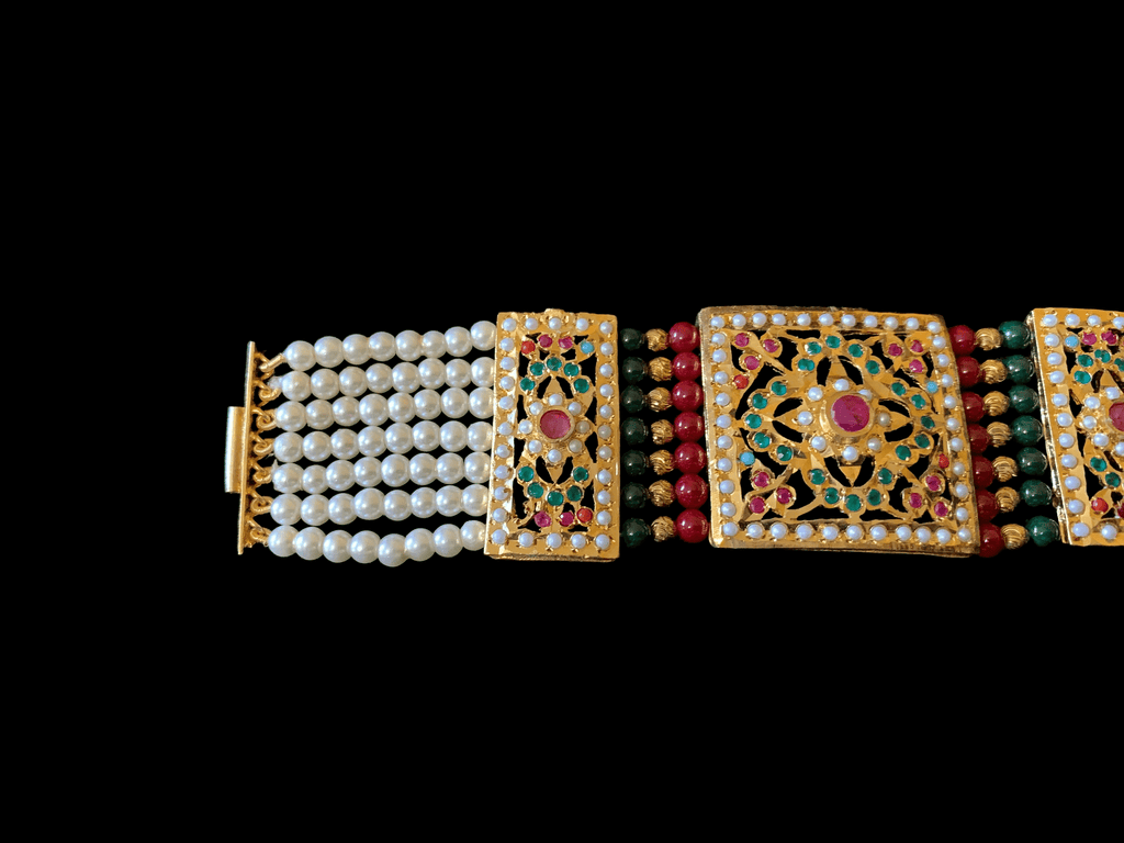 B67 Saira jadau bracelet in navratan with ruby green beads     ( READY TO SHIP )