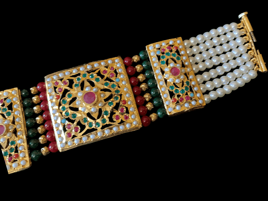 B67 Saira jadau bracelet in navratan with ruby green beads     ( READY TO SHIP )