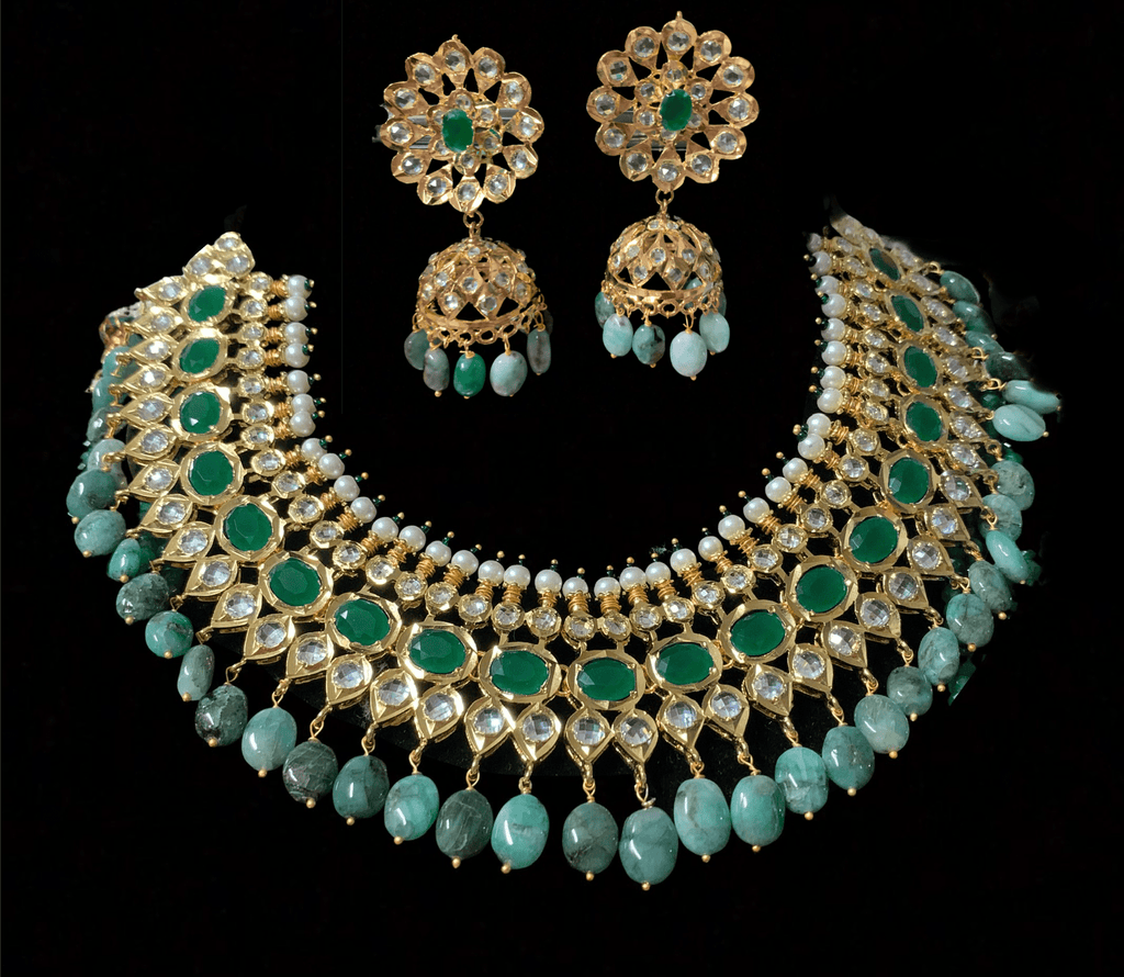 Aleezay necklace set with real emerald beads  (SHIPS IN 2 WEEKS)