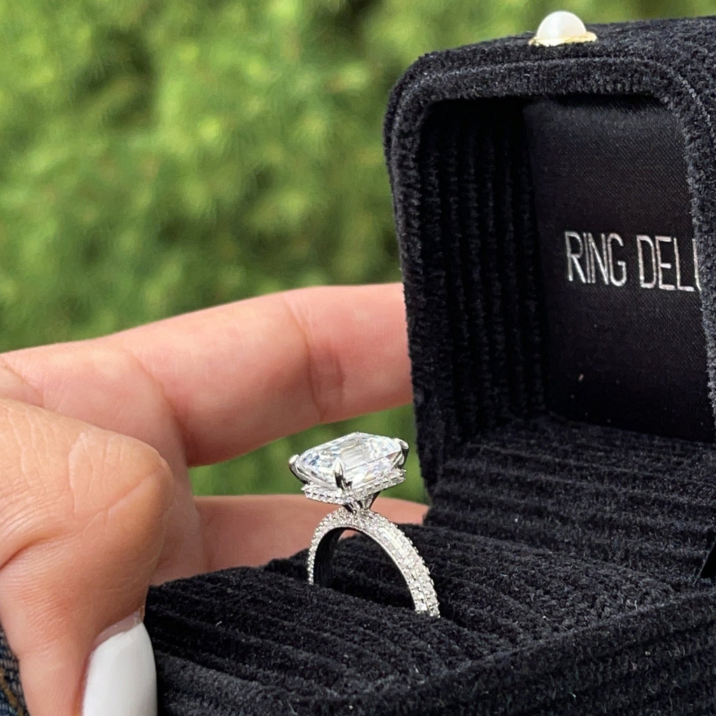 3.0ct Emerald Cut Moissanite Diamond Pavè Three Row Band Engagement Ring