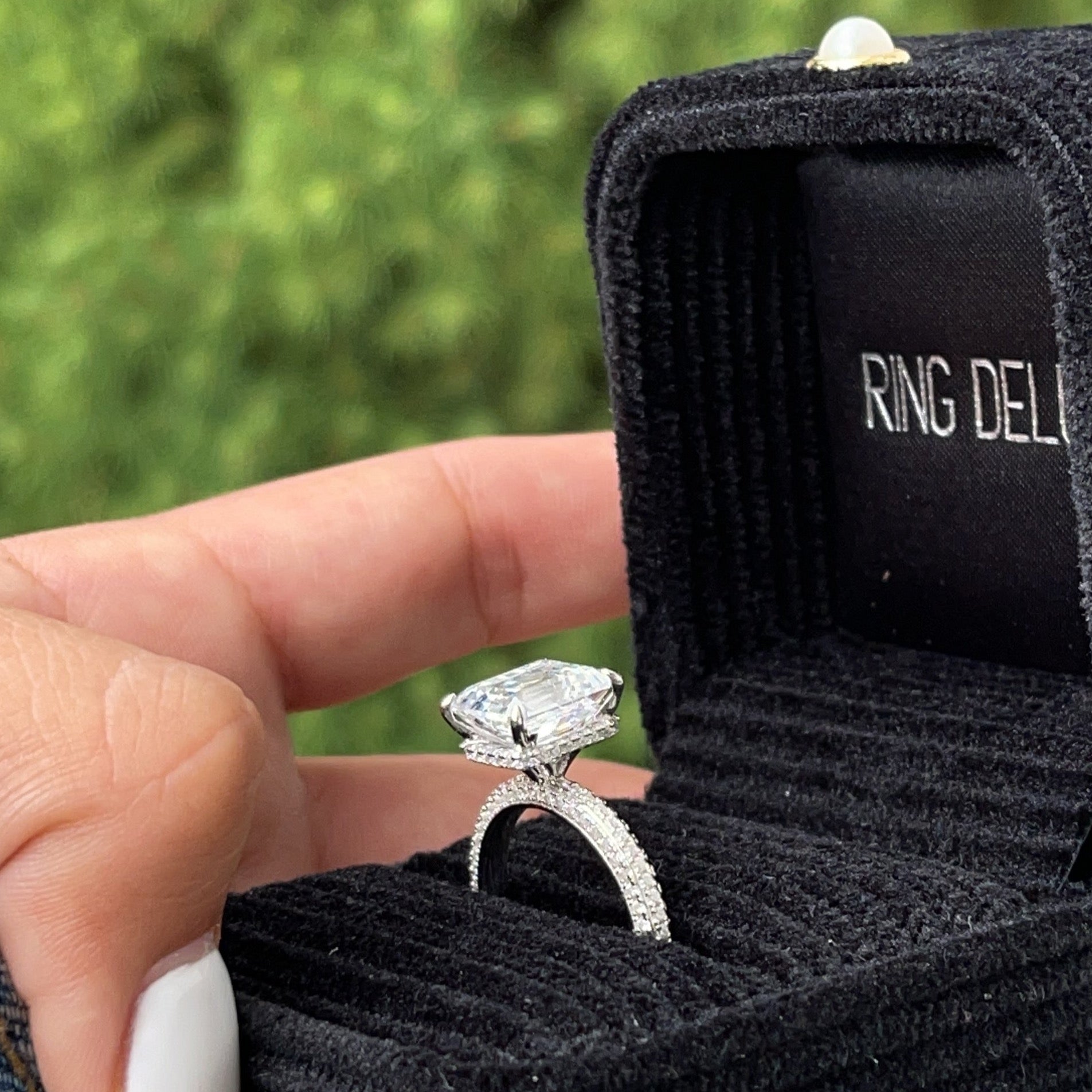 3.0ct Emerald Cut Moissanite Diamond Pavè Three Row Band Engagement Ring