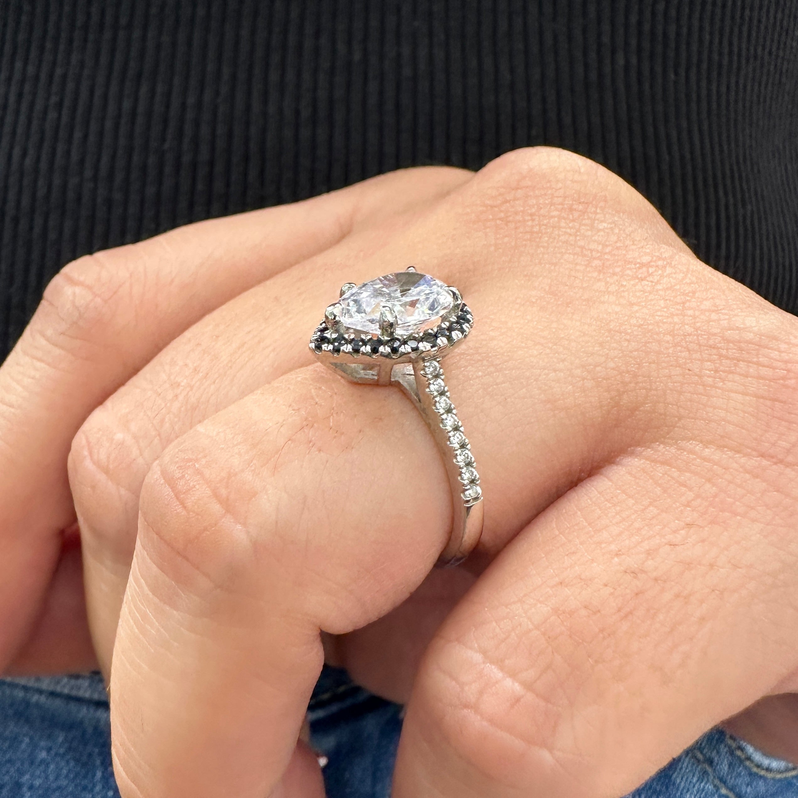 2.0ct Pear Cut Moissanite Black Halo Engagement Ring