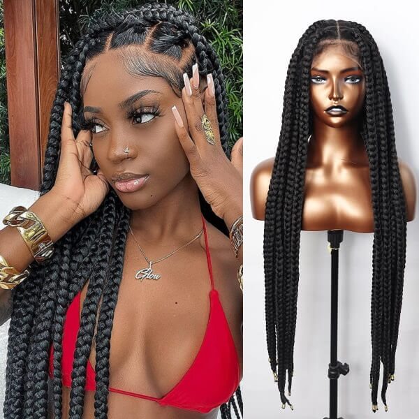 36" Knotless Square Box Braids Wig | Full Lace Frontal | Baby Hair | Afro Women