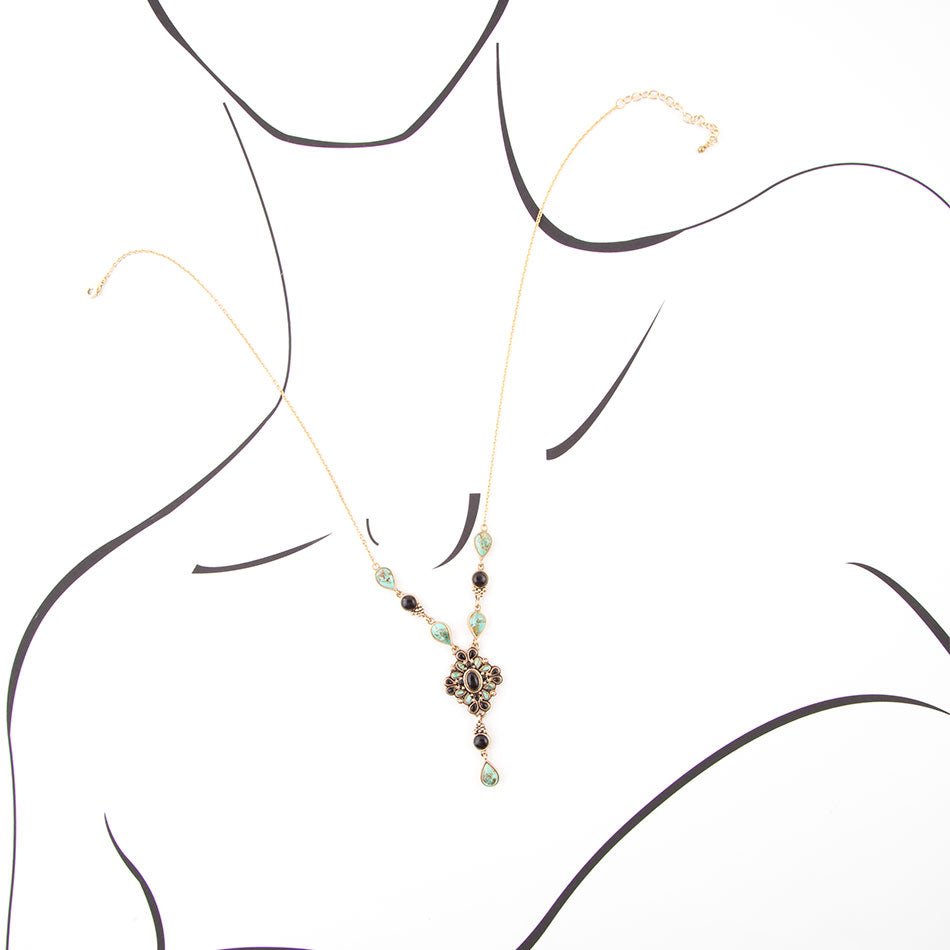 Barcelona Black Onyx and Blue Turquoise Golden Y-Necklace