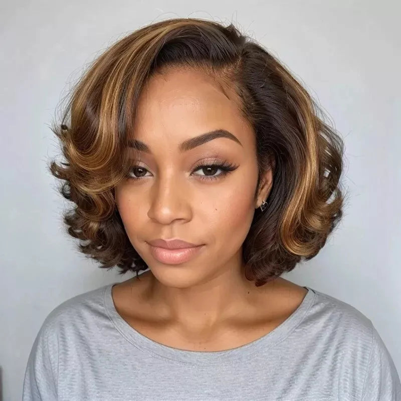 200 Density Blonde Highlight Short Bob Wig | 13x4 Lace Frontal Pixie Cut | Brazilian Remy Hair