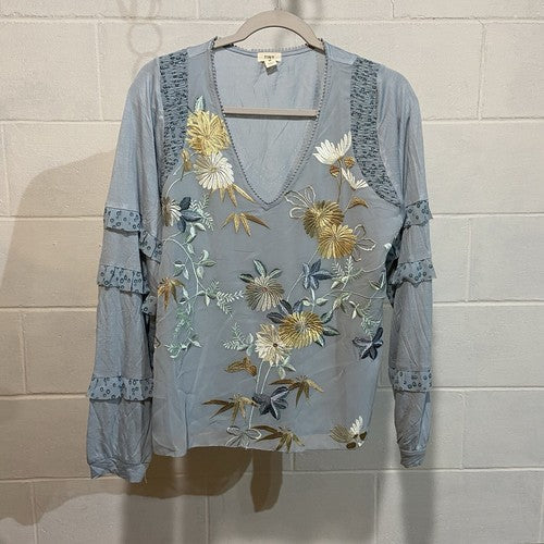 Anthropologie TINY Frances Long-Sleeve Ruffled Top Blue Embroidered Boho Floral