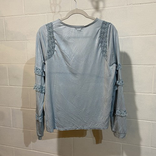 Anthropologie TINY Frances Long-Sleeve Ruffled Top Blue Embroidered Boho Floral